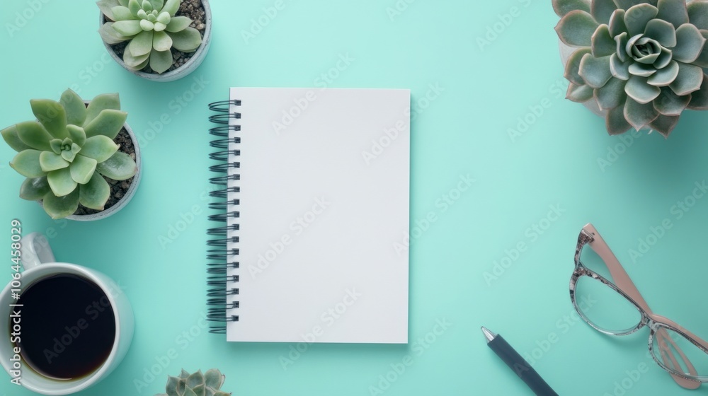 Blank Notebook on a Mint Green Desk with Succulents and Coffee Blank Notebook on a Mint Green Desk with Succulents and Coffee