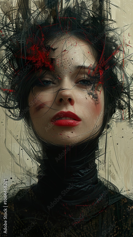 Abstract Portrait of a Woman with Red Lips and Intense Gaze Abstract Portrait of a Woman with Red Lips and Intense Gaze