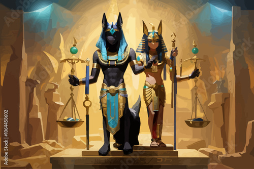 Mythical anubis holding balance scale symbolizing judgment in ancient egyptian afterlife Egyptian Gods Ai generated image