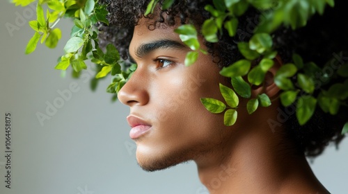 A young man with a crown of green leaves, looking thoughtfully to the side against a plain background. photo