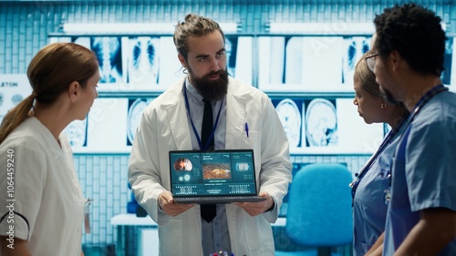 Skilled team of medics examine x ray scans and discuss health care plans during a research meeting. Diverse healthcare staff working to provide accurate diagnostics in a private clinic. Camera A. photo