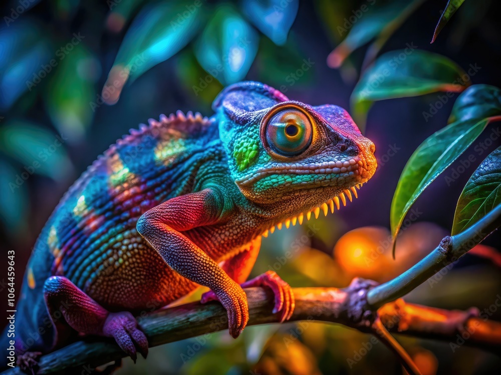 Obraz premium Chameleon on a Branch in Low Light â€“ Captivating Nature Photography