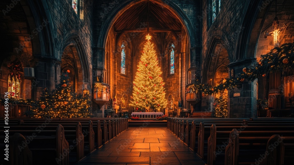 Fototapeta premium Festive Church Interior with Christmas Tree and Decorations