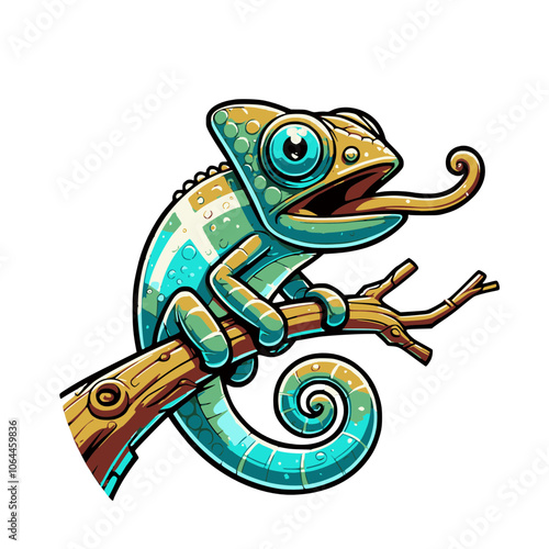 chameleon perched on a branch, tongue extended