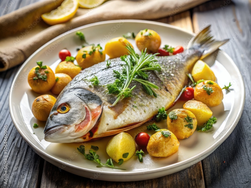 Delicious Sea Bream Fish with Potatoes on White Plate Close-Up for Culinary Photography Delicious Sea Bream Fish with Potatoes on White Plate Close-Up for Culinary Photography