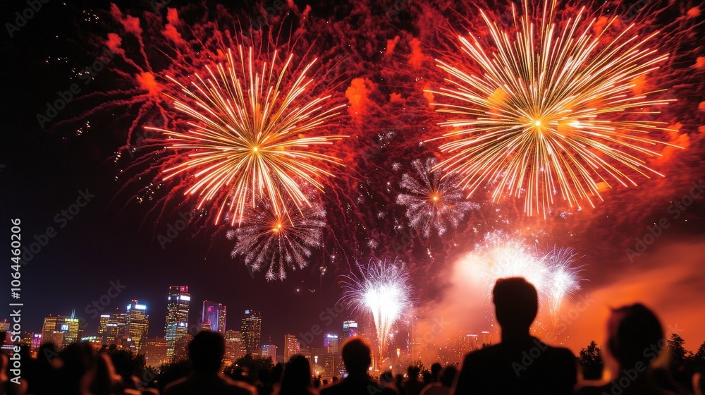 Spectacular Fireworks Over City Skyline at Night Spectacular Fireworks Over City Skyline at Night