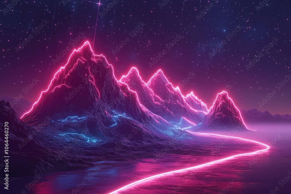 Fantastical Mountain: Neon Outlines and Starry Sky Fantastical Mountain: Neon Outlines and Starry Sky