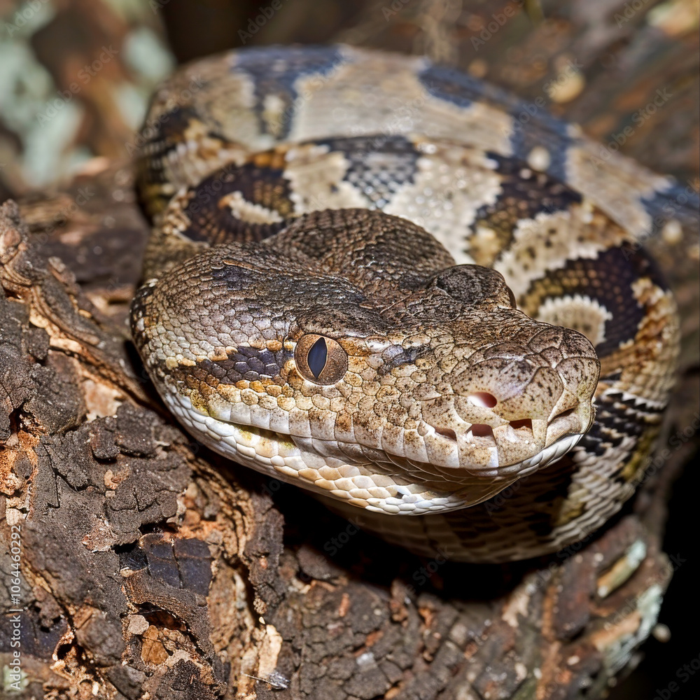 A python coiled on a tree branch showcasing its detailed brown scales and camouflage in a forest setting A python coiled on a tree branch showcasing its detailed brown scales and camouflage in a forest setting