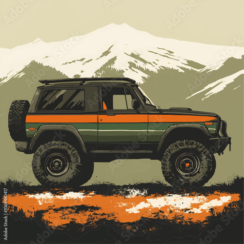 Vintage Off-Road 4x4 Truck in Mountains - Stock Illustration Vector