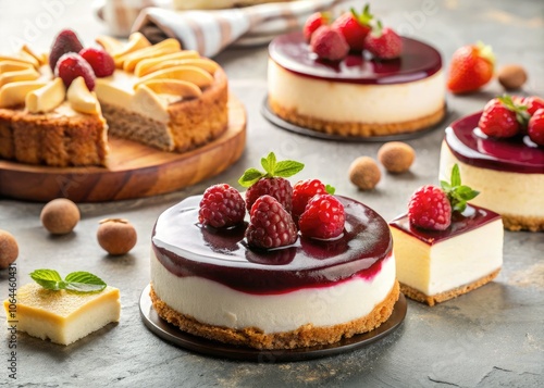 Delicious Vanilla Cheesecake with Raspberry Jam Surrounded by Dessert Delights