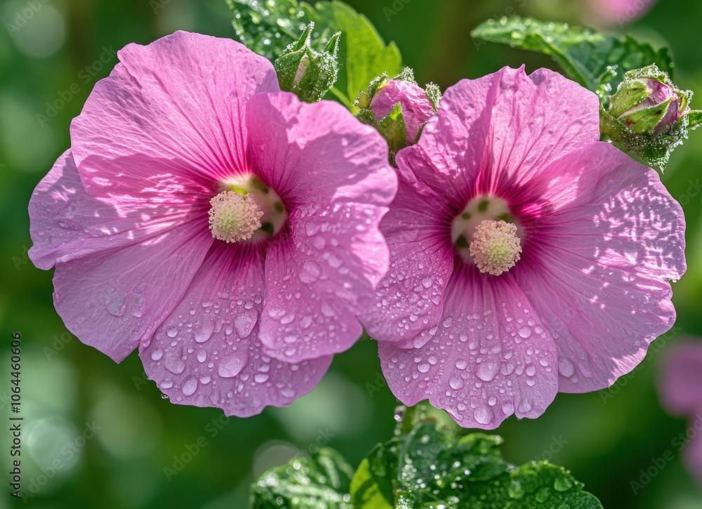 Close up of two pink flowers with raindrops on them. Close up of two pink flowers with raindrops on them.
