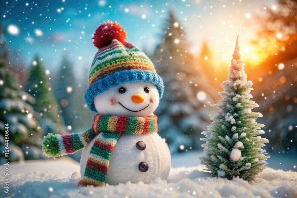 Delightful snowman wearing a warm hat and scarf grins cheerfully, enveloped in a dance of gentle snowflakes amidst a captivating, magical winter wonderland setting. Delightful snowman wearing a warm hat and scarf grins cheerfully, enveloped in a dance of gentle snowflakes amidst a captivating, magical winter wonderland setting.