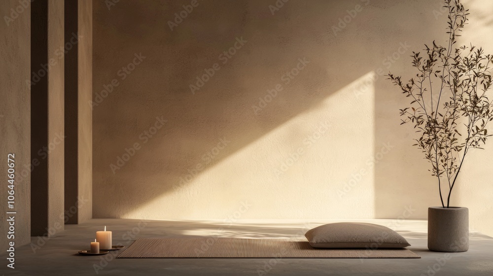 Tranquil Meditation Space in Warm Minimalist Aesthetic with Soft Mat, Cushions, and Candlelight for Mindfulness Practice Tranquil Meditation Space in Warm Minimalist Aesthetic with Soft Mat, Cushions, and Candlelight for Mindfulness Practice
