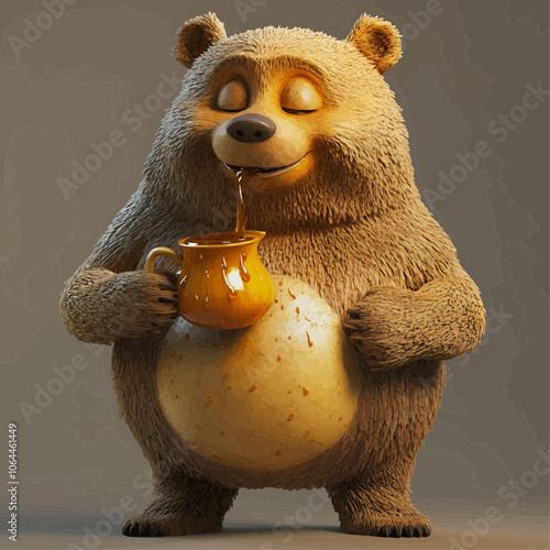 A cute cartoon bear with a content smile pours honey from a pitcher. The warm colors and joyful expression evoke feelings of happiness and comfort.