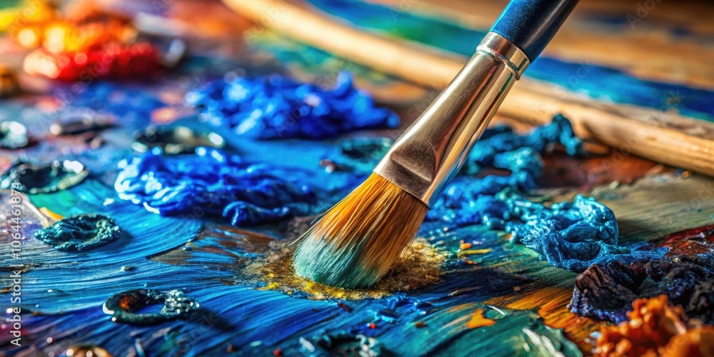 Fototapeta premium Close-Up Drone Photography of Vibrant Blue Paint Mixing on Palette in Abstract Art Workspace