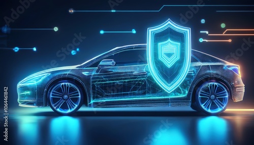 A futuristic car illuminated with a digital design and shield, symbolizing advanced technology and cybersecurity in automotive innovation.