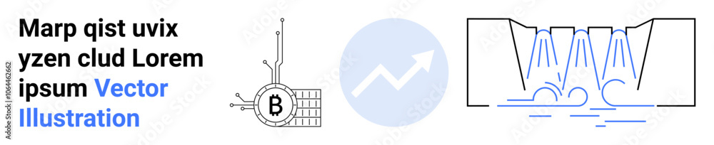 Data flow elements, circular chart with B icon, upward arrow graph, and architecture diagram with water flow. Ideal for tech, data analysis, presentations, engineering, business growth visuals Data flow elements, circular chart with B icon, upward arrow graph, and architecture diagram with water flow. Ideal for tech, data analysis, presentations, engineering, business growth visuals