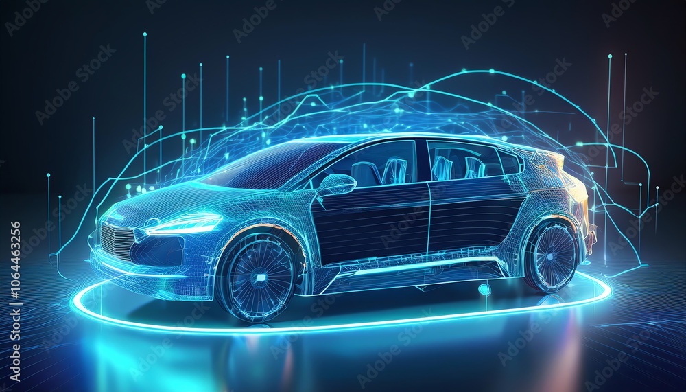 A futuristic digital car design with glowing blue elements, representing advanced technology and connectivity in the automotive sector. A futuristic digital car design with glowing blue elements, representing advanced technology and connectivity in the automotive sector.