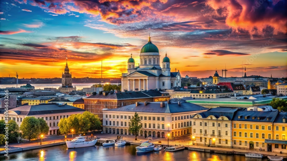 Fototapeta premium Discover the stunning Helsinki cityscape at sunset, where the cathedral stands proud amidst vibrant colors, blending history and modern urban beauty in Finland's captivating capital.