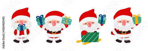 Santa Claus Set with Gift Boxes in Doodle Flat Style Vector Illustration