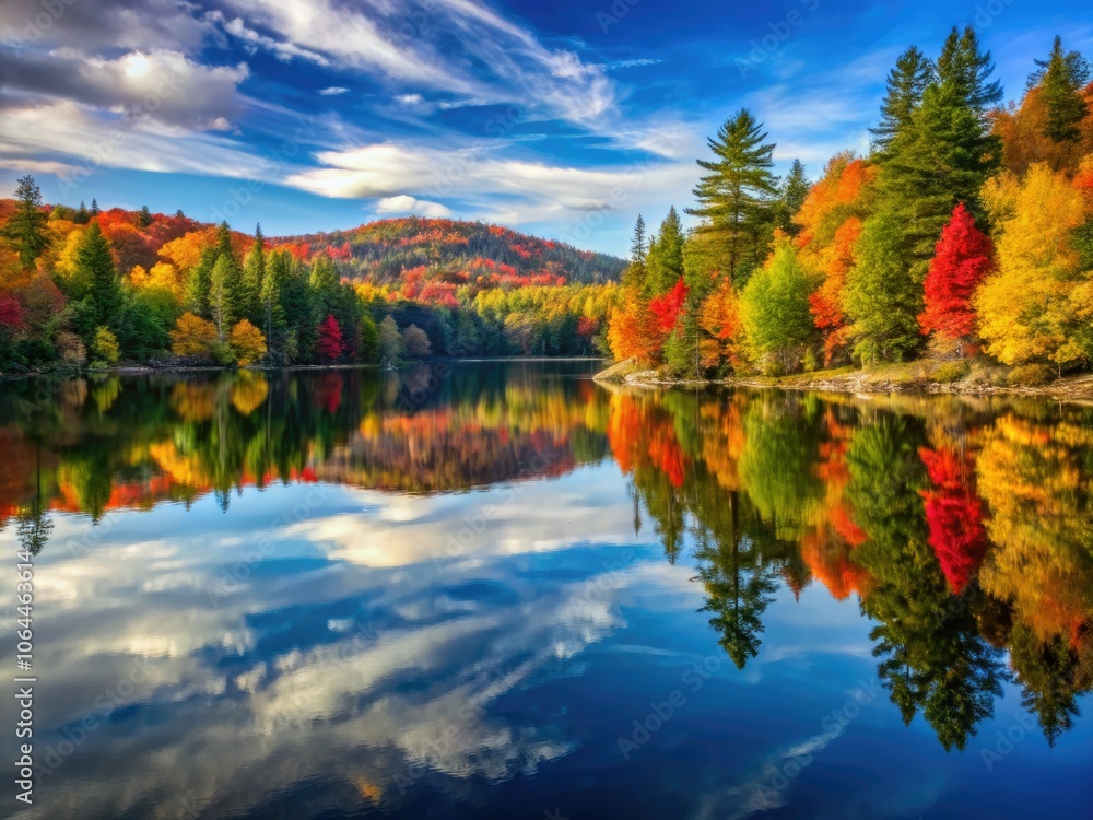 Double Exposure of Adirondack Lake in Fall Foliage - Serene Wilderness Scene Double Exposure of Adirondack Lake in Fall Foliage - Serene Wilderness Scene