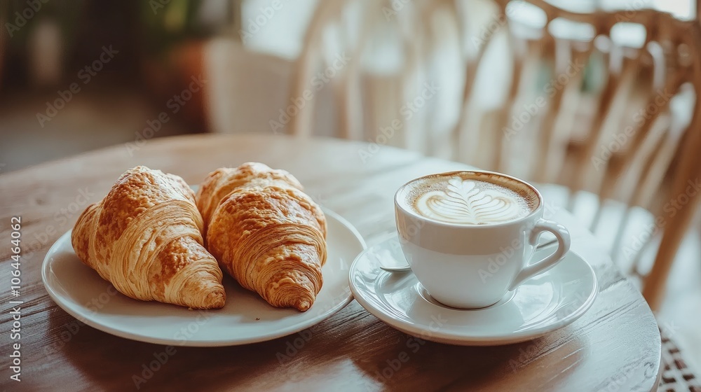 Fresh Croissants and Coffee on a Rustic Table Fresh Croissants and Coffee on a Rustic Table