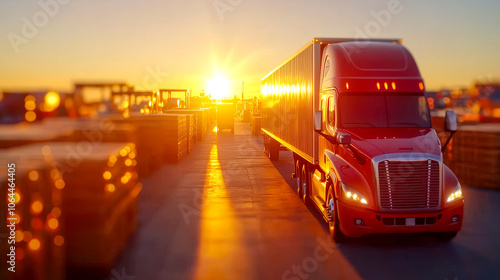 Red Semi Truck at Sunset: A red semi-truck drives towards a setting sun, bathed in golden light, on a busy shipping dock with stacked cargo containers.