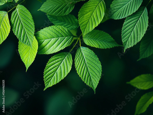 Green leaves background, close-up view of fresh foliage, isolated on dark background.