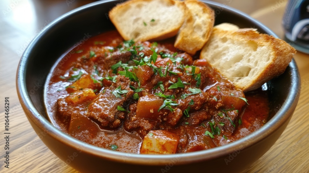 Hearty Beef Stew with Fresh Herbs and Bread Slices Hearty Beef Stew with Fresh Herbs and Bread Slices