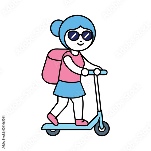 Woman with Backpack on Scooter Vector.