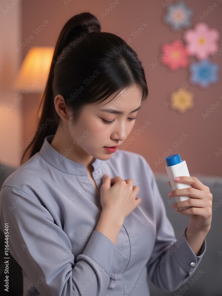 health care concept, suffering acute cardiac asian young woman hand touching on her chest pain, breathing problem, asthma attack, pressure while sitting on sofa with closed eyes at home health care concept, suffering acute cardiac asian young woman hand touching on her chest pain, breathing problem, asthma attack, pressure while sitting on sofa with closed eyes at home