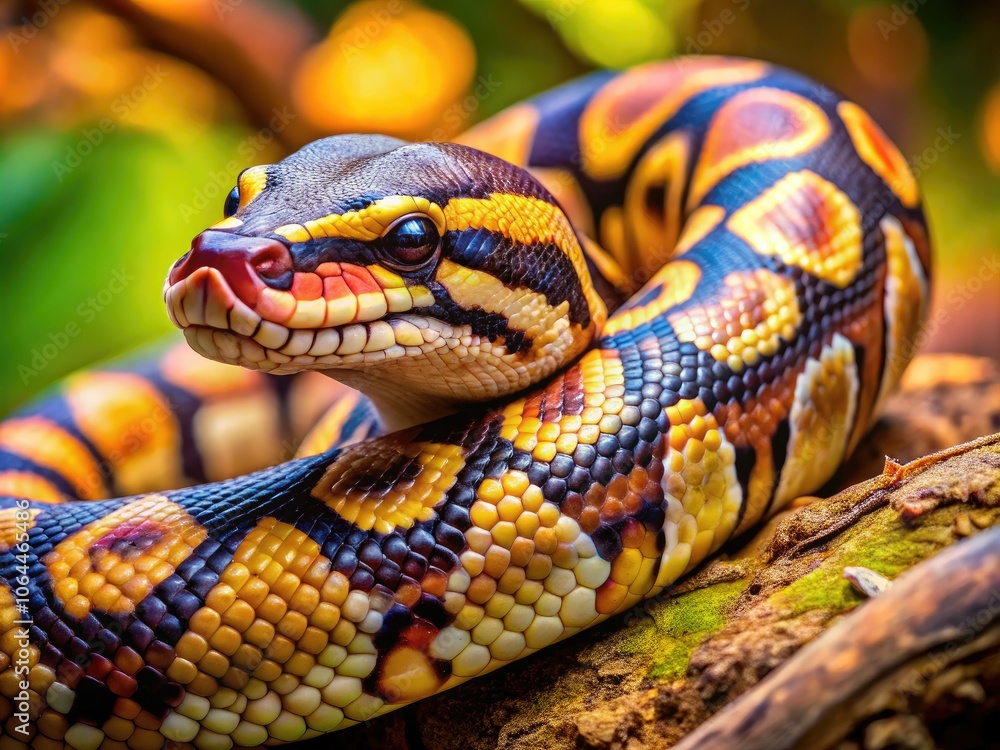 Fototapeta premium Close-Up Macro Photography of a Young Ball Python with Vibrant Patterns and Textures