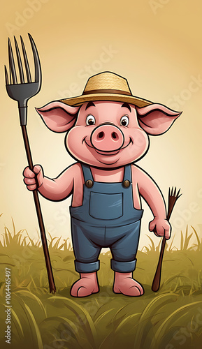 Cartoon Illustration of a Farmer Pig with a Pitchfork and Straw Hat on Plain Background with Copy Space photo