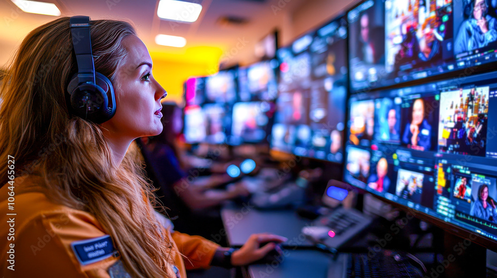 Focused on the Task: A female engineer wearing headphones intently monitors a series of screens in a high-tech control room, showcasing the dedication and focus required for critical operations. Focused on the Task: A female engineer wearing headphones intently monitors a series of screens in a high-tech control room, showcasing the dedication and focus required for critical operations.
