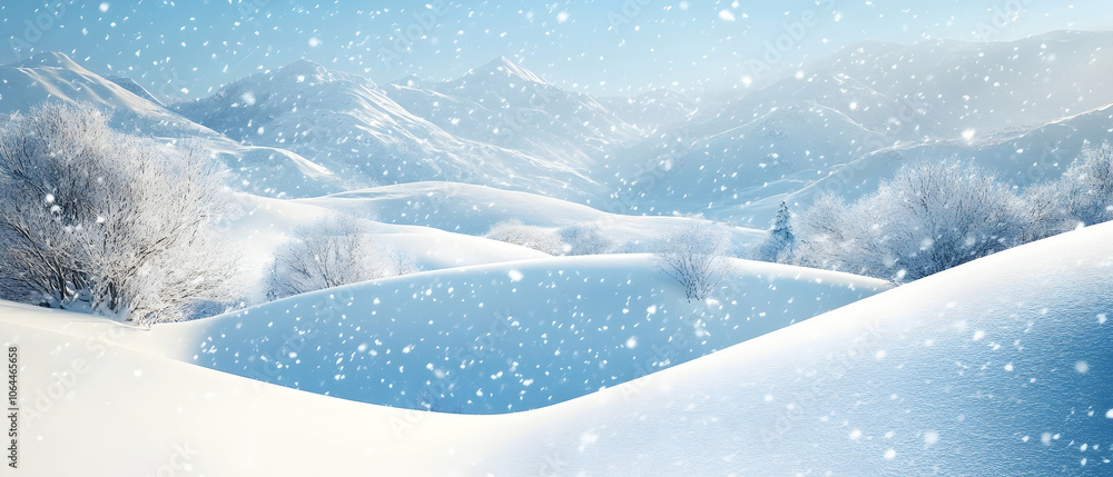 Snowy mountain landscape with trees and falling snow. Snowy mountain landscape with trees and falling snow.