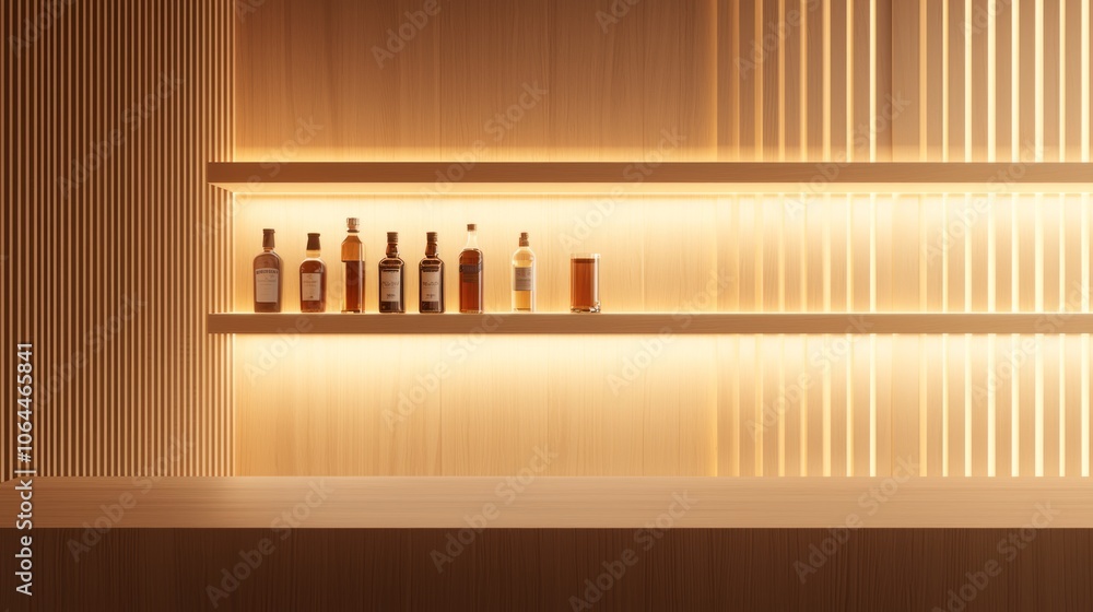 Cozy Minimalist Home Bar Interior with Warm Wood Shelves and Ambient Lighting for a Stylish and Relaxing Atmosphere Cozy Minimalist Home Bar Interior with Warm Wood Shelves and Ambient Lighting for a Stylish and Relaxing Atmosphere