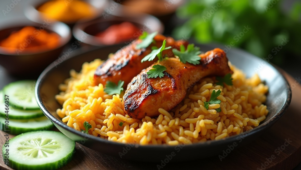 Bowl of Delicious Chicken Biryani with Attractive Garnish, Authentic Indian Cuisine. Bowl of Delicious Chicken Biryani with Attractive Garnish, Authentic Indian Cuisine.