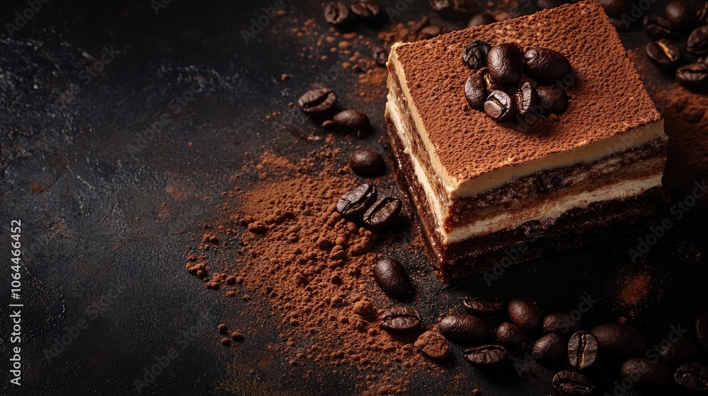 Delicious Tiramisu with Coffee Beans on Dark Surface Delicious Tiramisu with Coffee Beans on Dark Surface