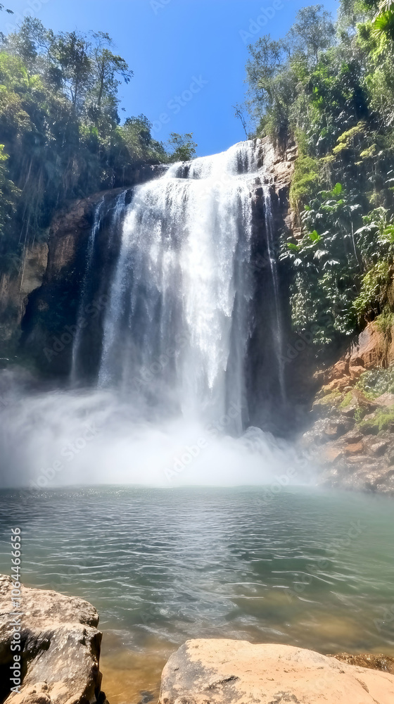 Fototapeta premium A cascading waterfall flows into a pool of water, surrounded by lush green foliage.