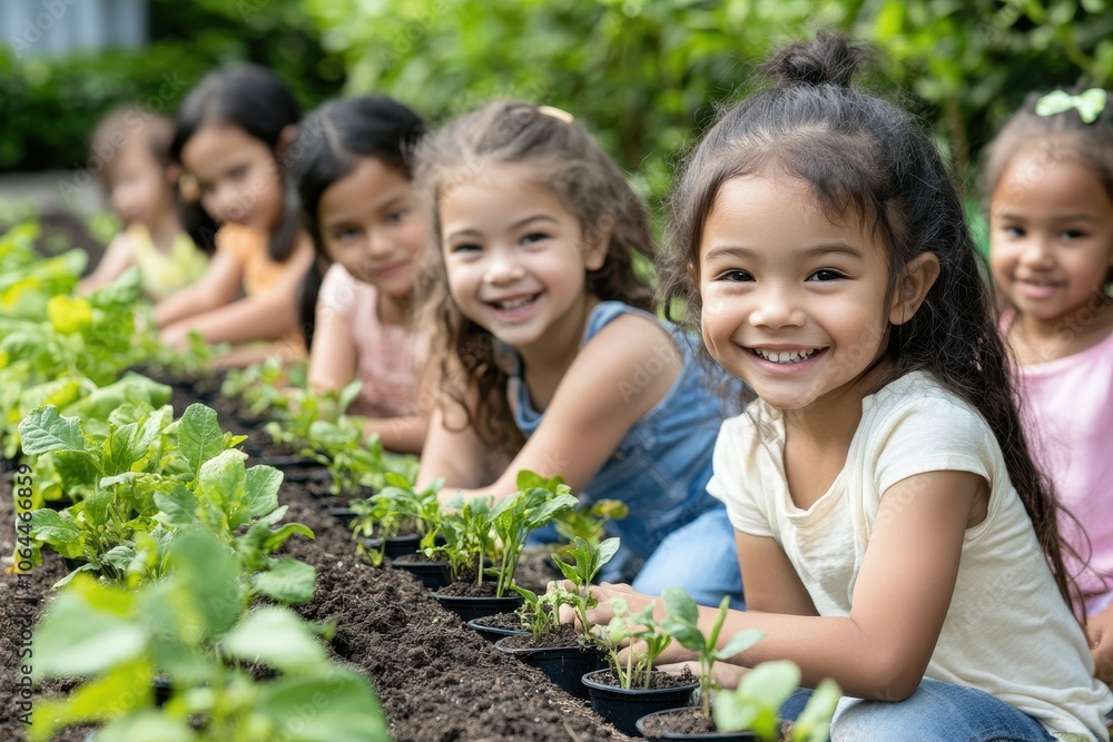 A group of smiling children engaging in a gardening activity, kneeling by rows of small A group of smiling children engaging in a gardening activity, kneeling by rows of small