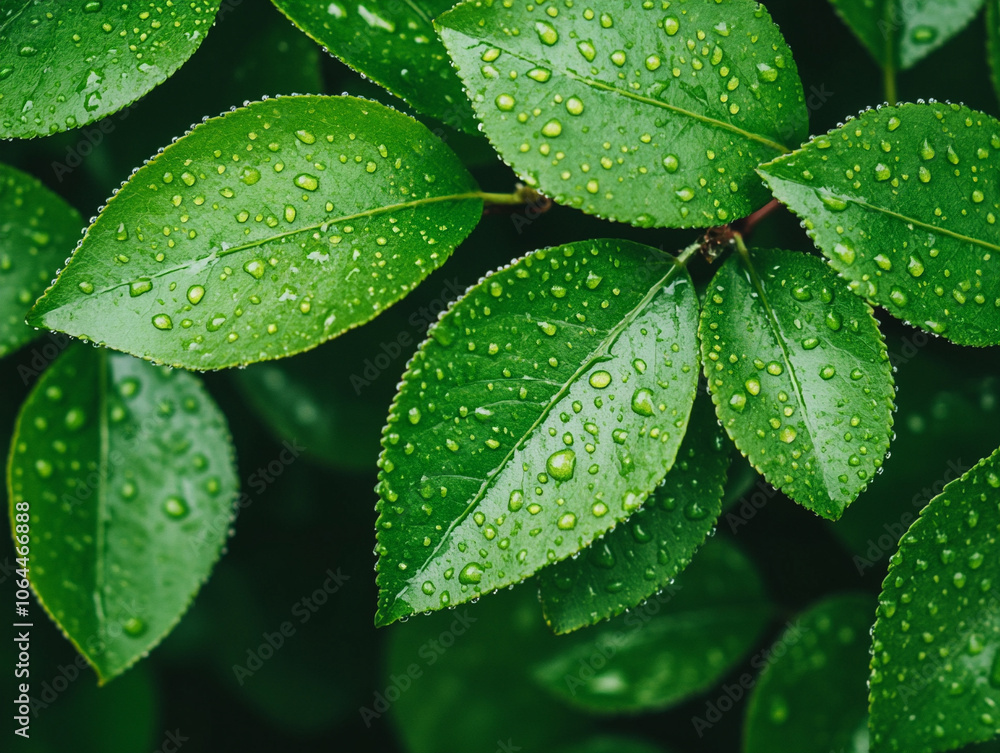 Green leaves with water droplets on a blurred background Green leaves with water droplets on a blurred background