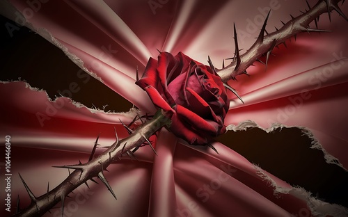 Valentine A single red rose with thorns pierces through a torn piece of pink fabric. photo