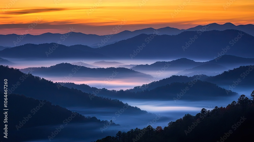 Obraz premium Serene Mountain Landscape at Sunrise with Mist