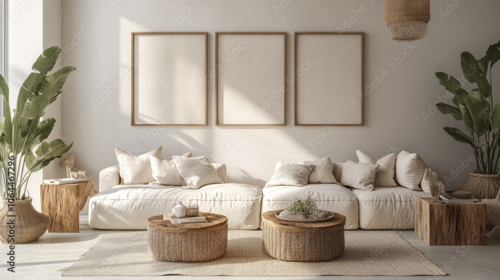 Fototapeta premium A light and airy living room, where soft, neutral tones dominate. Three large framed artworks