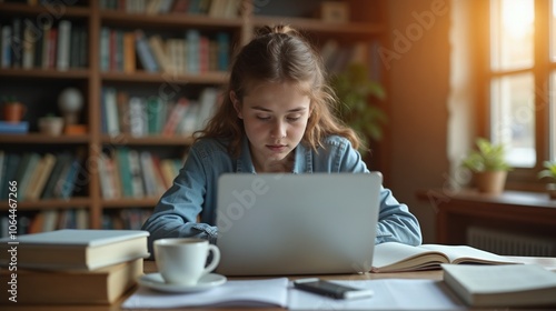 Young woman studying on laptop with books and coffee at cozy desk