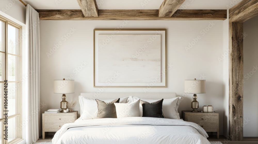 A light-filled bedroom with a minimalist approach. The bed is dressed in white linens with A light-filled bedroom with a minimalist approach. The bed is dressed in white linens with