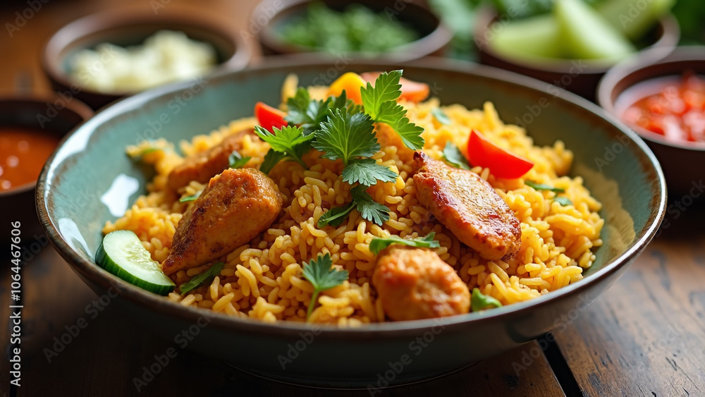 Bowl of Delicious Chicken Biryani with Attractive Garnish, Authentic Indian Cuisine. Bowl of Delicious Chicken Biryani with Attractive Garnish, Authentic Indian Cuisine.