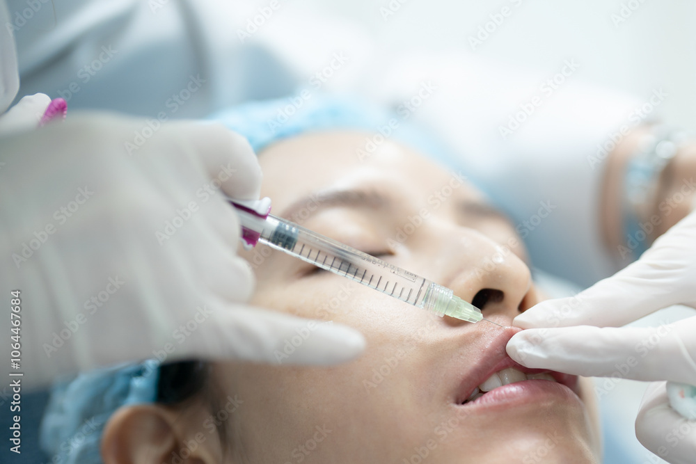 Beautician with syringe injecting filler with hyaluronic acid in female lips augmentation. Beautician with syringe injecting filler with hyaluronic acid in female lips augmentation.