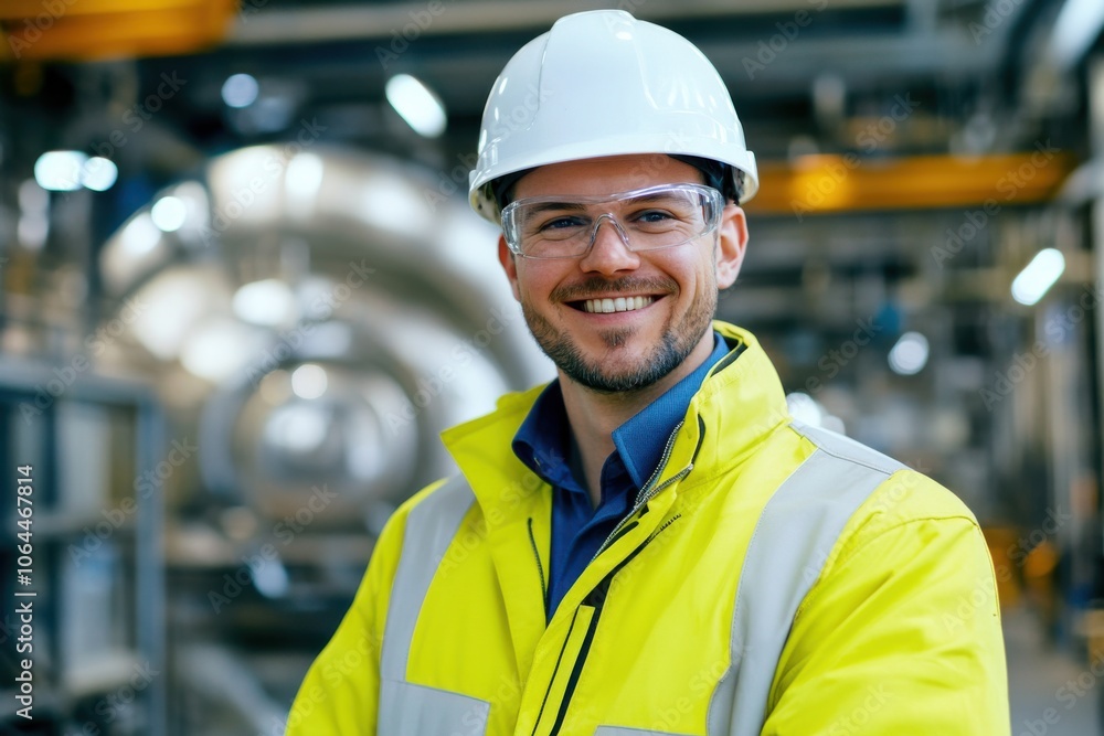 A male engineer in a white hard hat and yellow jacket stands confidently in a high-tech industrial A male engineer in a white hard hat and yellow jacket stands confidently in a high-tech industrial