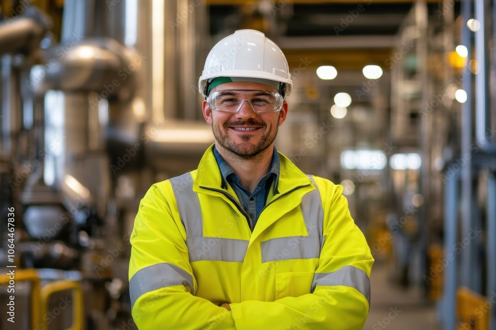A male engineer in a white hard hat and yellow jacket stands confidently in a high-tech industrial A male engineer in a white hard hat and yellow jacket stands confidently in a high-tech industrial